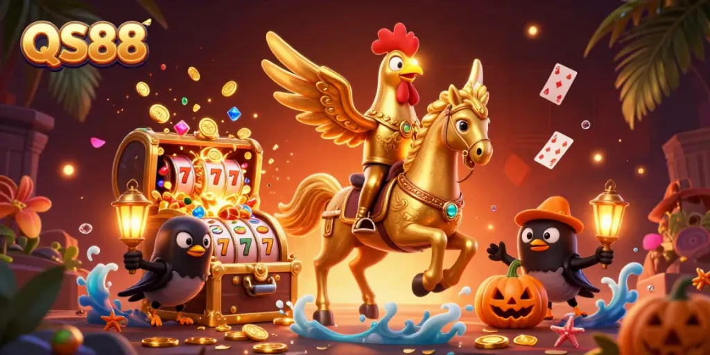 Experience thrilling gameplay with QS88, where golden treasures and excitement await in a vibrant casino scene.