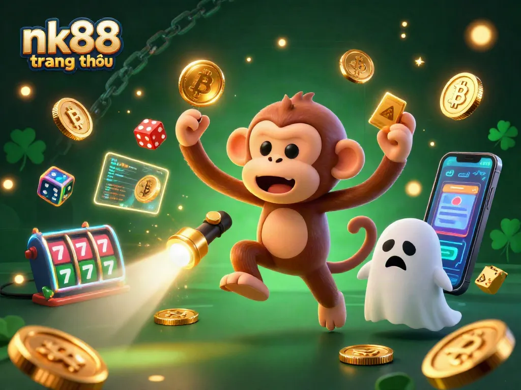 Experience the thrill of nk88 trang chủ with a playful poltergeist monkey juggling golden casino elements in a haunted setting.