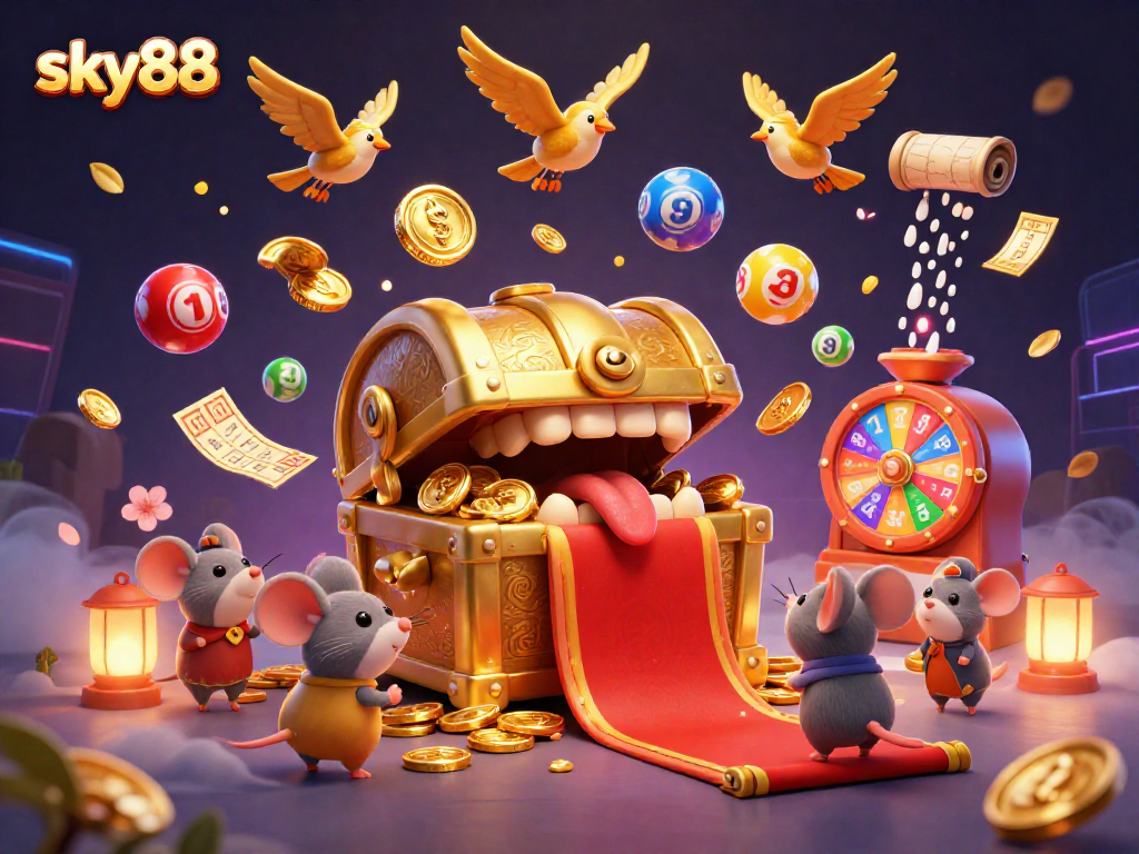 Engage in thrilling jackpots at sky88 with dynamic visuals of lottery balls and vibrant rewards.