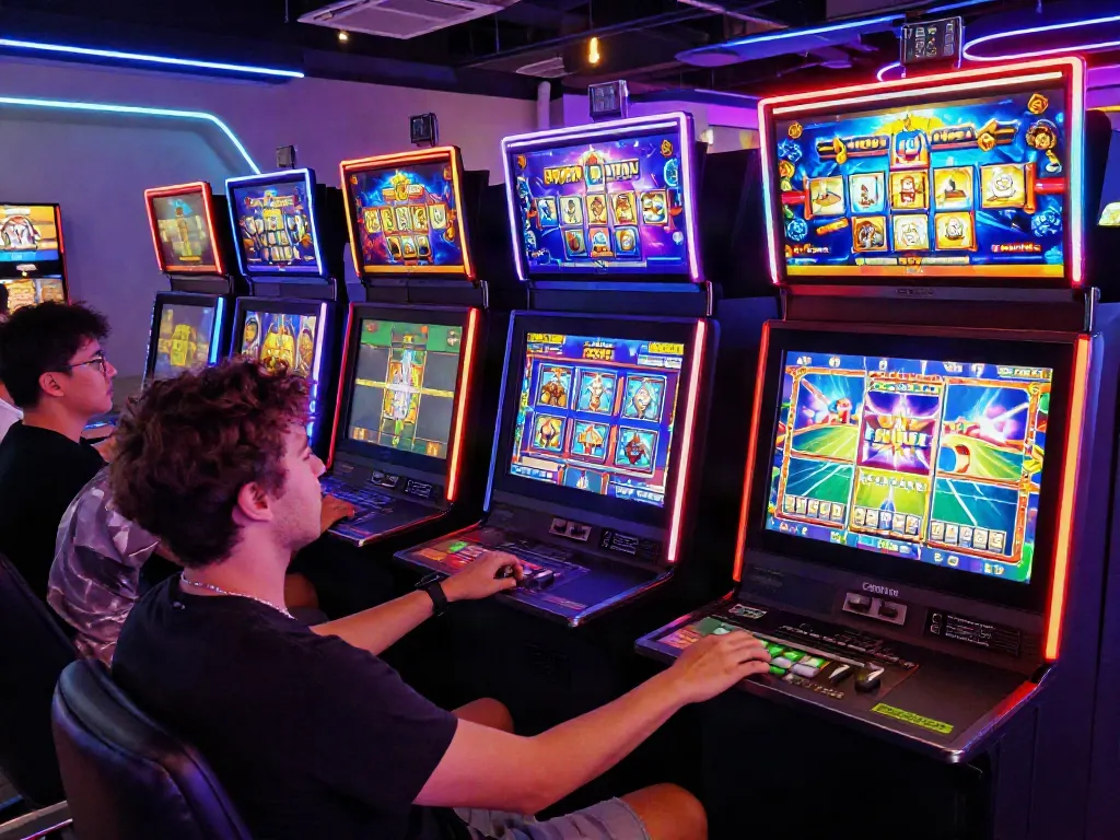 Diverse players enjoying slot games in a vibrant gaming lounge.