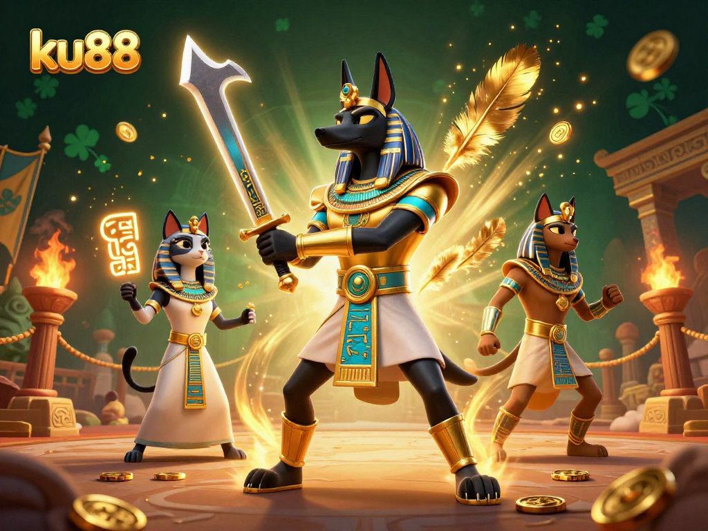 Engage in thrilling gameplay at ku88, featuring Anubis warrior and Bastet in a dynamic casino arena.