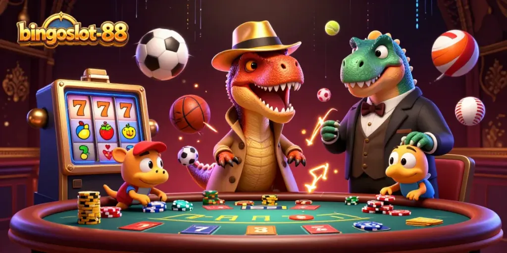 Gambang bingoslot-88 dengan karakter velociraptor dan stegosaurus di kasino, penuh simbol slot.