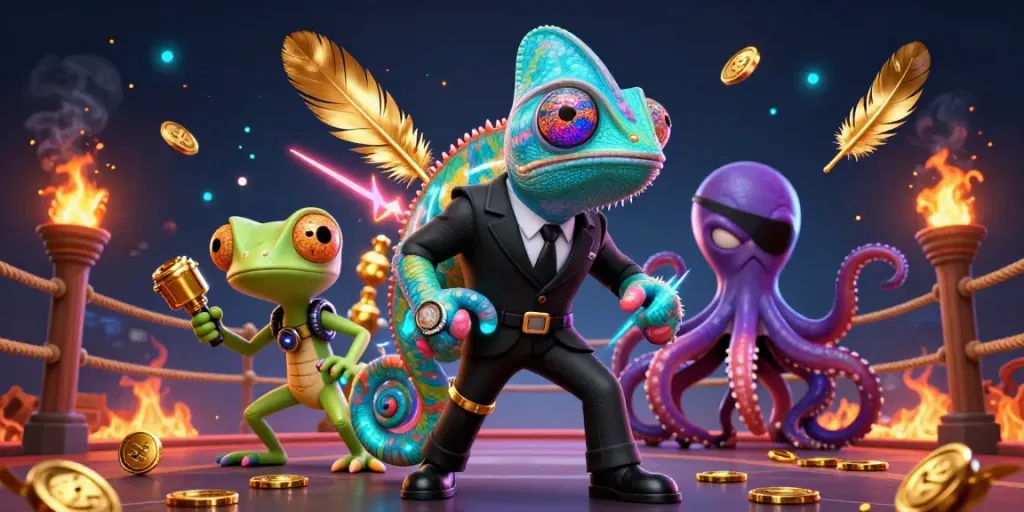 Permainan toto slot yang mengasyikkan dengan karakter kartun 3D di arena bertarung penuh koin emas.