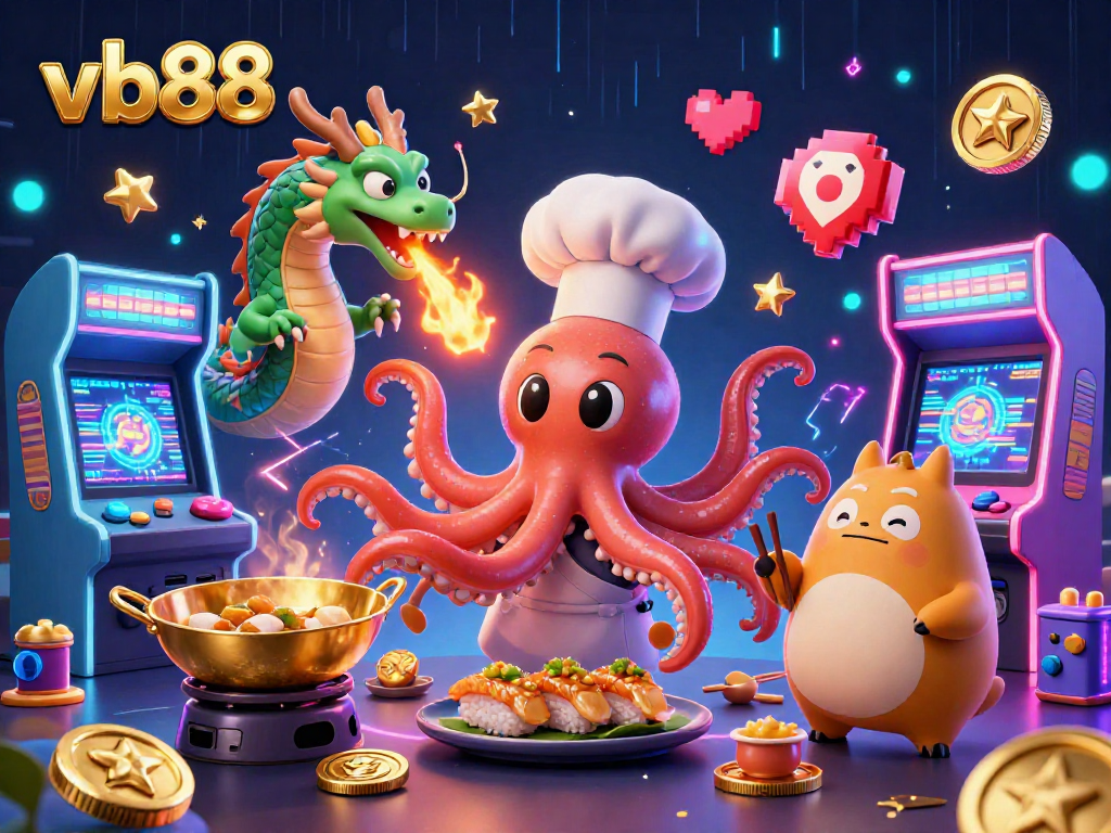 Experience exciting gameplay at vb88 featuring a sushi chef octopus preparing dishes with a dragon companion.