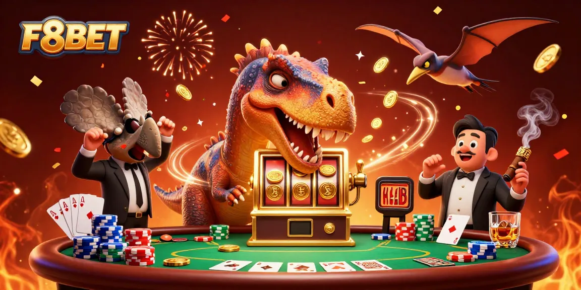 F8BET reveals thrilling jackpot moments with cartoon dinosaurs in a vibrant casino scene.