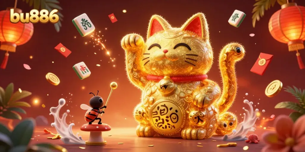 Experience the thrill of bu886 with a vibrant illustration of casino symbols and lucky charms.