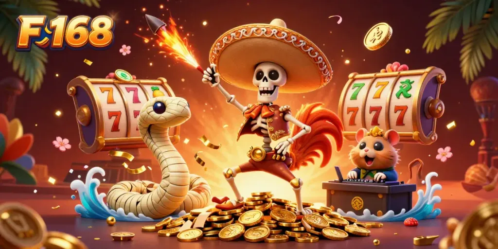 Engage in thrilling gameplay at F 168 with lively characters celebrating on a treasure of golden coins.