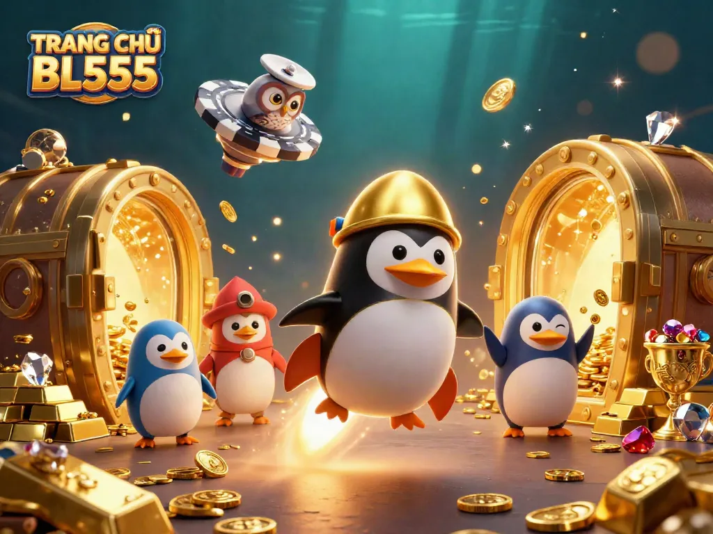 Experience thrilling adventure with TRANG CHỦ BL555 as a golden penguin navigates a casino space landscape.