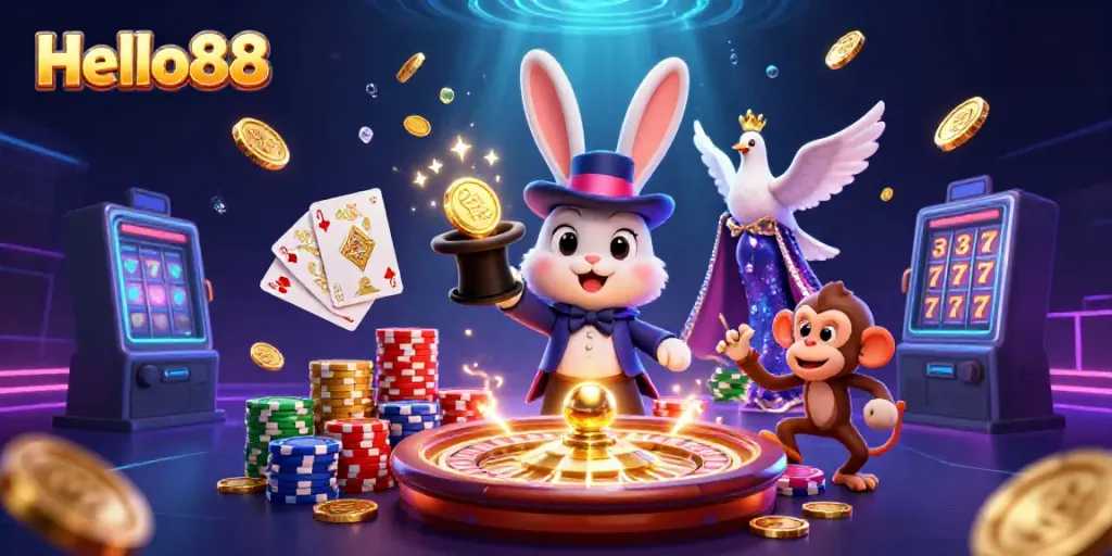 Experience the thrill of winning at Hello88 with a whimsical casino scene featuring a magician, dove, and a monkey.