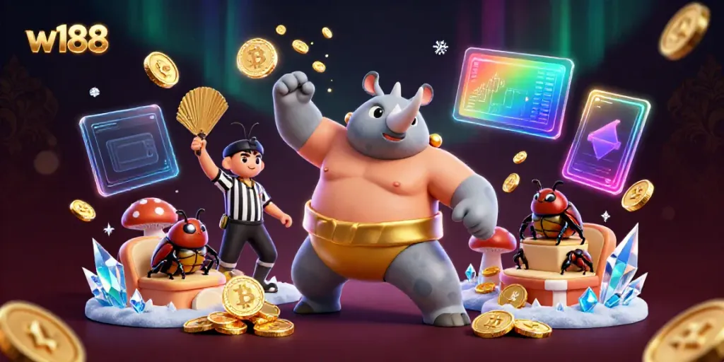 Experience thrilling moments at w188 with a unique 3D beetle betting scene featuring coins and crypto elements.