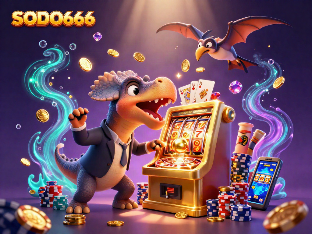 SODO666 captures a pachycephalosaurus headbutting a slot machine surrounded by cascading coins.