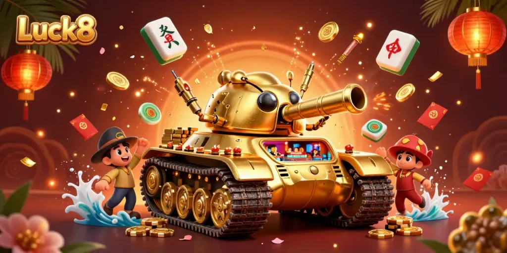 Experience the vibrant casino world of Luck8 with a golden beetle tank revealing a miniature gaming paradise.