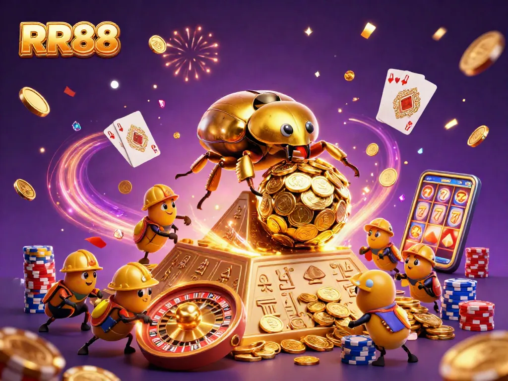 Experience the thrill of RR88 with dynamic golden coins cascading from a massive beetle at a vibrant casino.