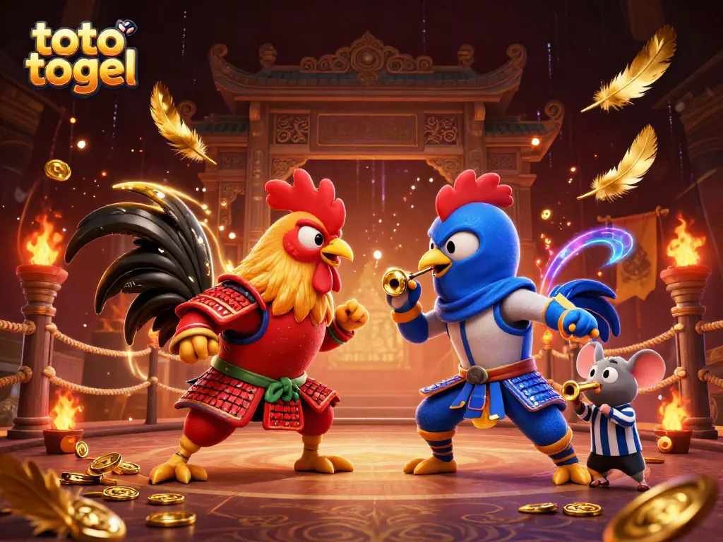 Engage in thrilling toto togel action with colorful roosters in an exciting arena setting.