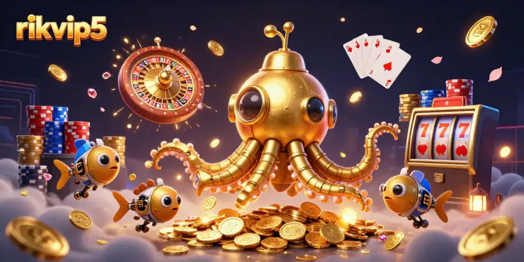 Experience thrilling gaming with rikvip5's golden kraken submarine amid cascading coins and vibrant casino elements.