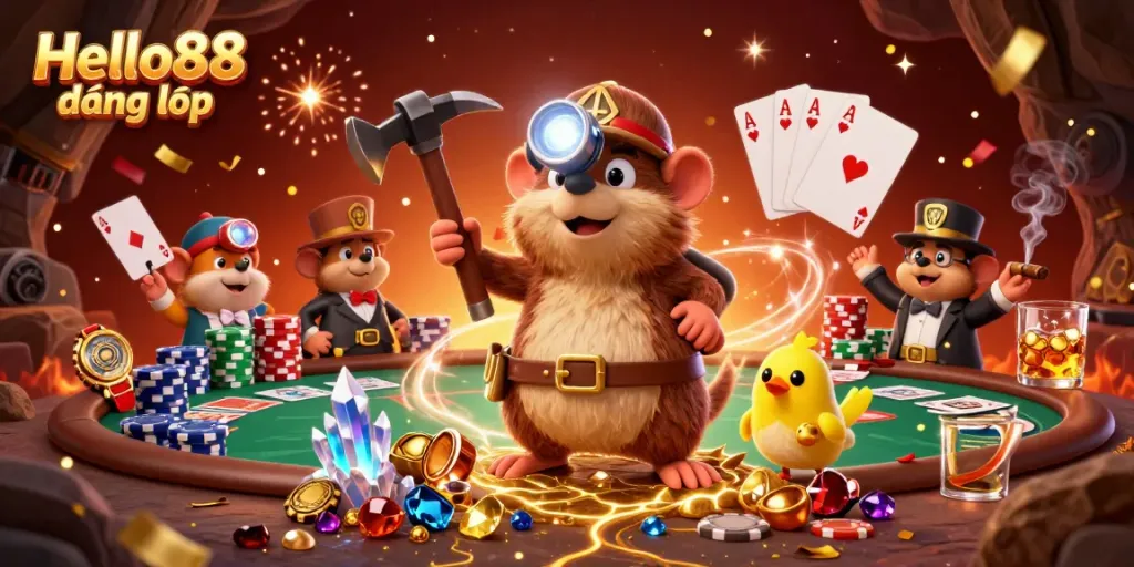 Catch exciting action with Hello88 đăng nhập at a vibrant poker table surrounded by treasures.