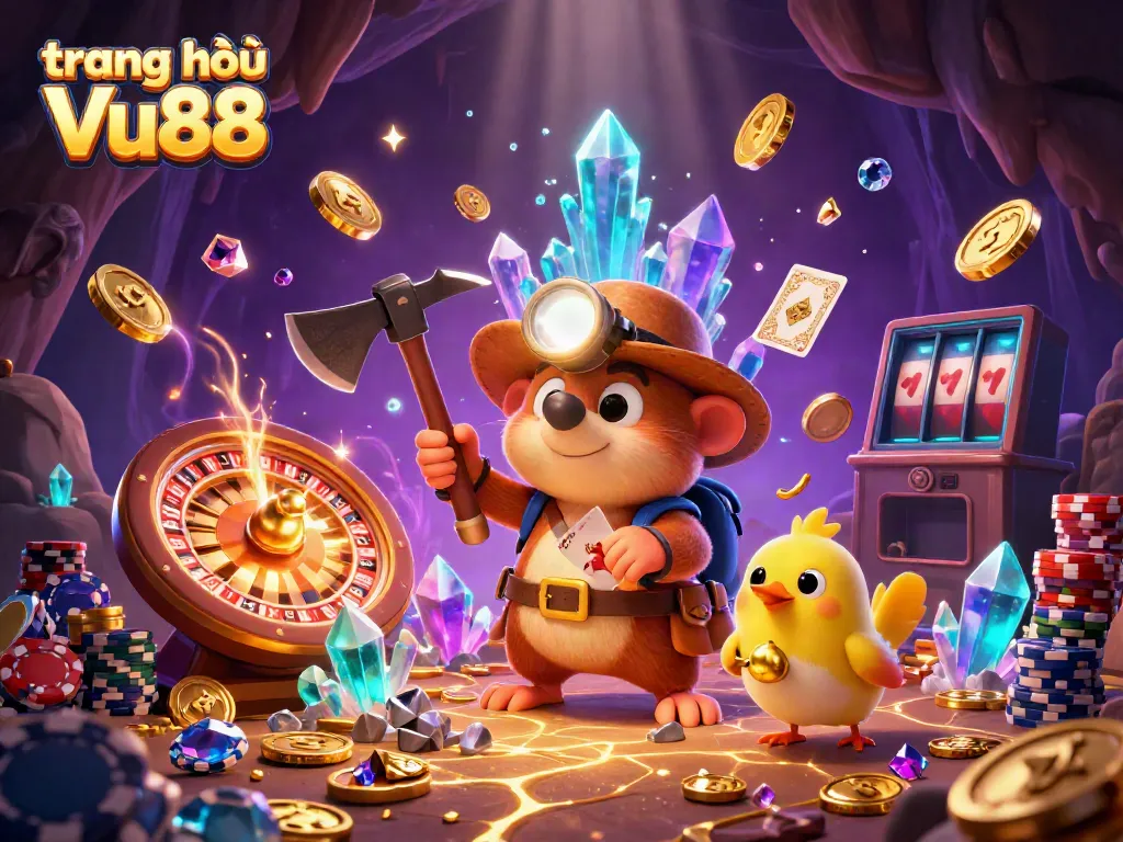 Win big at trang chủ Vu88 with a vibrant scene featuring a treasure hunter and casino elements.