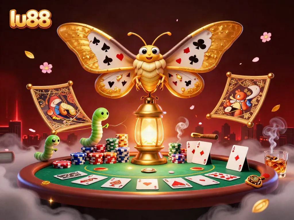 Experience high-stakes play at lu88 with vibrant casino scenes filled with cards and golden elements.