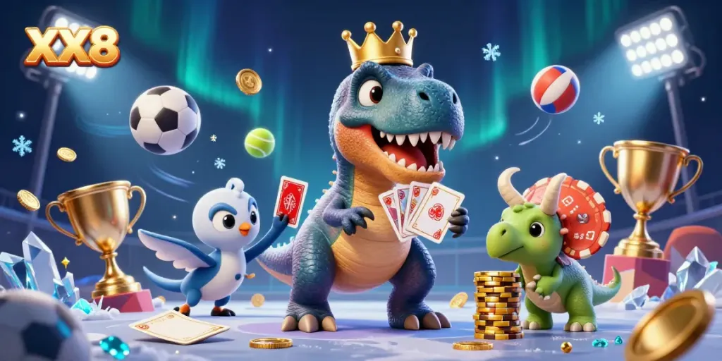 Engage with thrilling XX8 gaming featuring a friendly T-Rex and sports action in a vibrant scene.