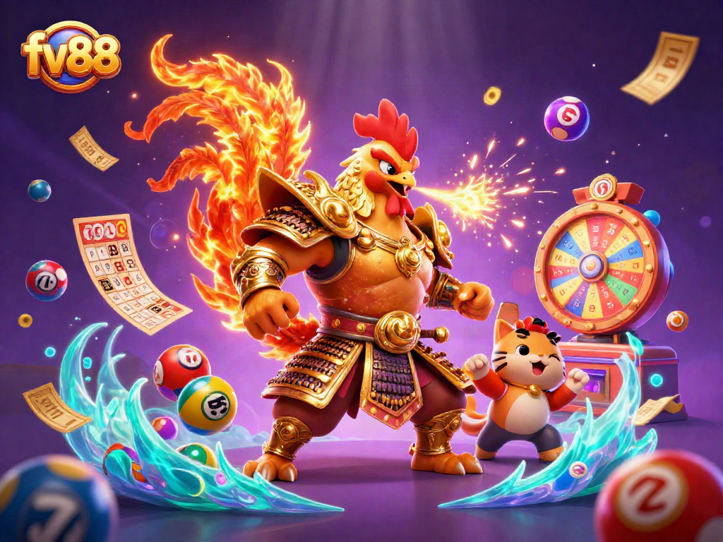 Engage with fv88's dynamic gaming action, featuring a rooster warrior surrounded by lively lottery elements.