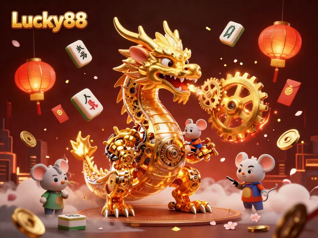 Experience the magical realm of Lucky88 with a vibrant golden dragon and festive elements in a stunning 3D illustration.