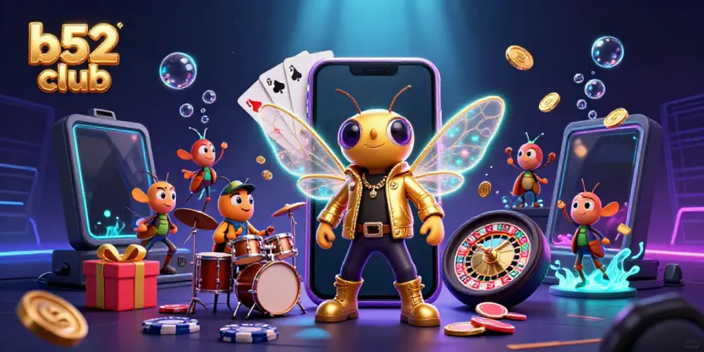 Win at the b52 club with a thrilling scene of a cartoon cicada rock star and lively casino elements.