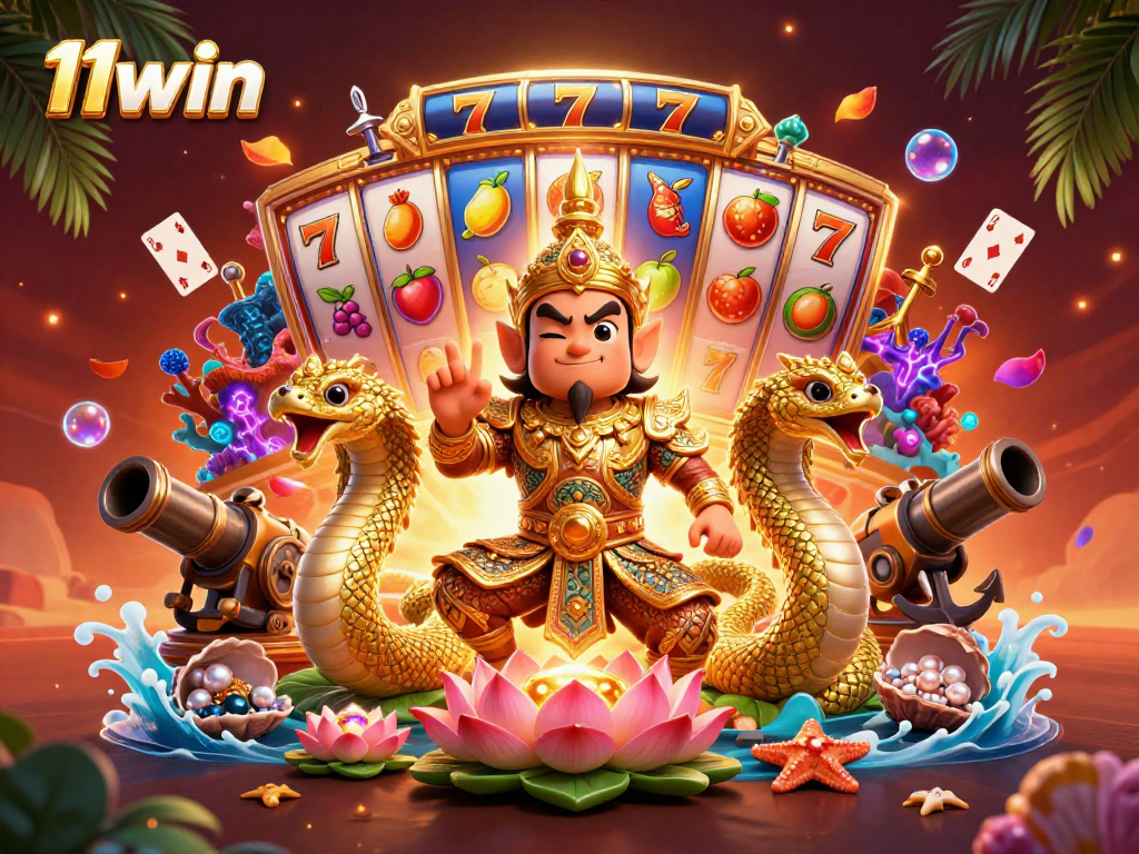 Join the 11win adventure with vibrant slots, treasures, and a guardian in this captivating casino scene.