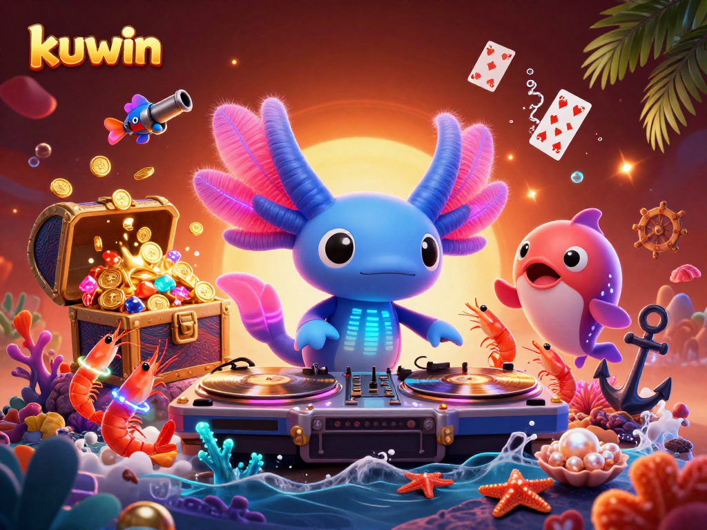 Kuwin casino scene featuring axolotl DJ, shrimp dancers, and a vibrant underwater treasure theme