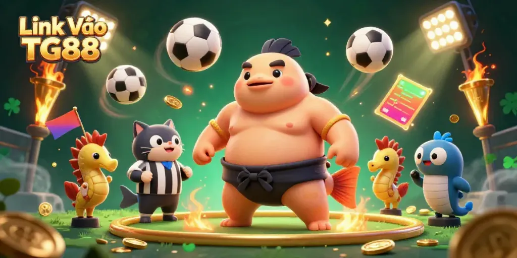 Engage in exciting gameplay at Link Vào TG88 with 3D cartoon fugu, catfish referee, and sports-themed elements.