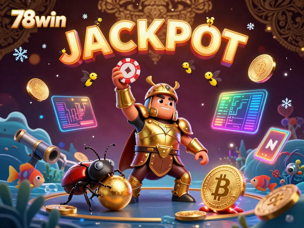 Experience the thrill of gaming at 78win with a heroic beetle showcasing a poker chip amidst vibrant underwater elements.