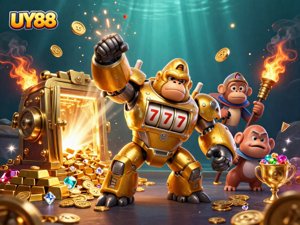 Watch UY88's golden gorilla mech thrive in a vibrant casino world amidst treasures and winning spins.