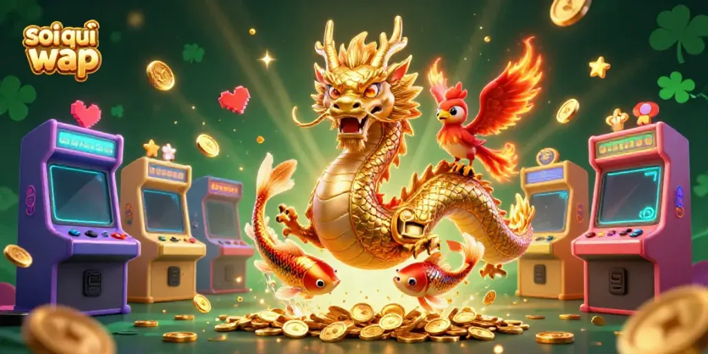 Soi cầu wap highlights a vibrant scene with a dragon, phoenix, and koi fish amid arcade games.