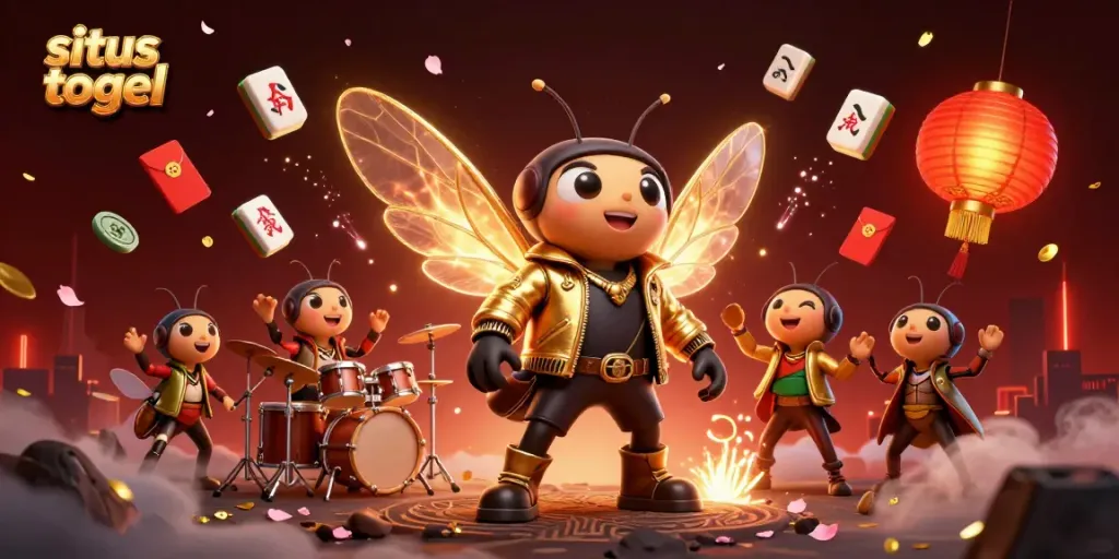 Menyaksikan situs togel dengan cicada rock star, drummer, dan penyanyi kriket di suasana penuh warna.