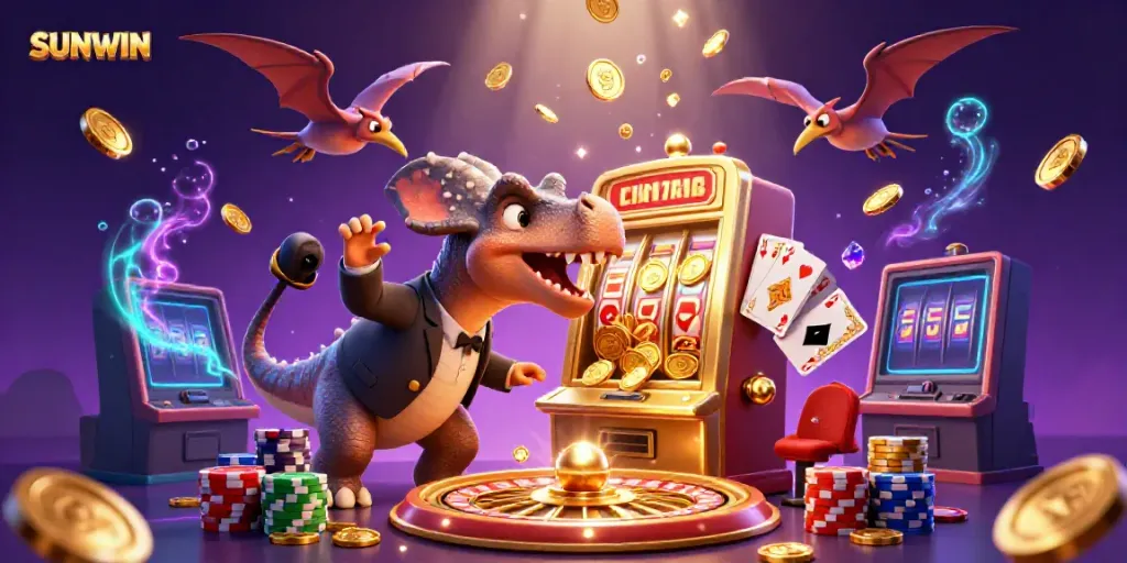 Experience the thrilling SUNWIN jackpot with animated dinosaurs and casino elements.