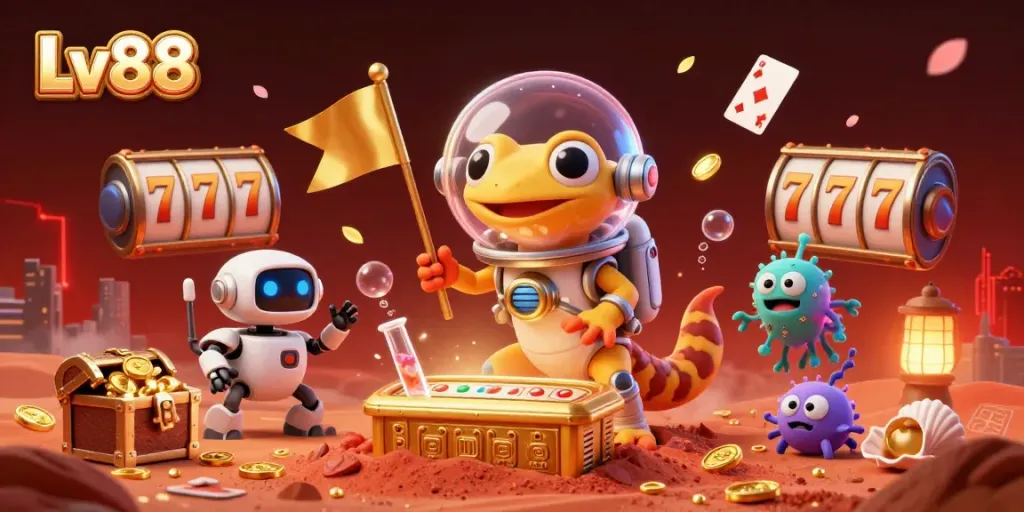 Engage in thrilling Lv88 casino adventures featuring vibrant slot reels and gleaming jackpots in a Martian landscape.