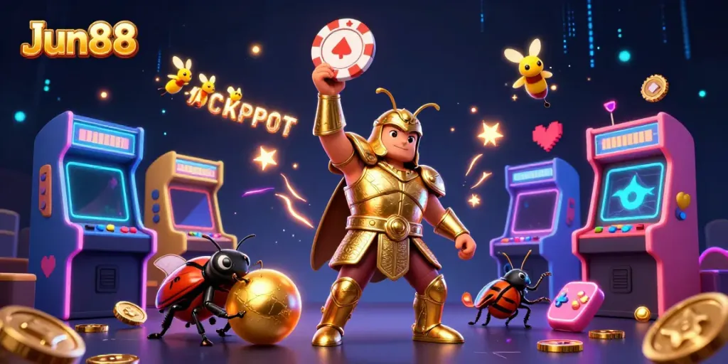 Experience excitement at Jun88 with a heroic beetle winning a jackpot in this vibrant casino illustration.