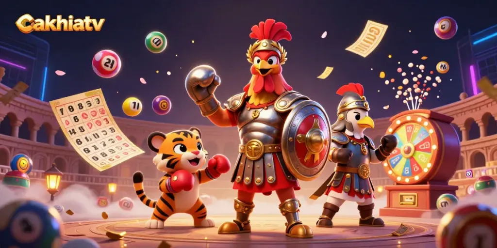 CakhiaTV features a dynamic illustration of a gladiator rooster and tiger cub amid festive lottery elements, celebrating the thrill of betting.