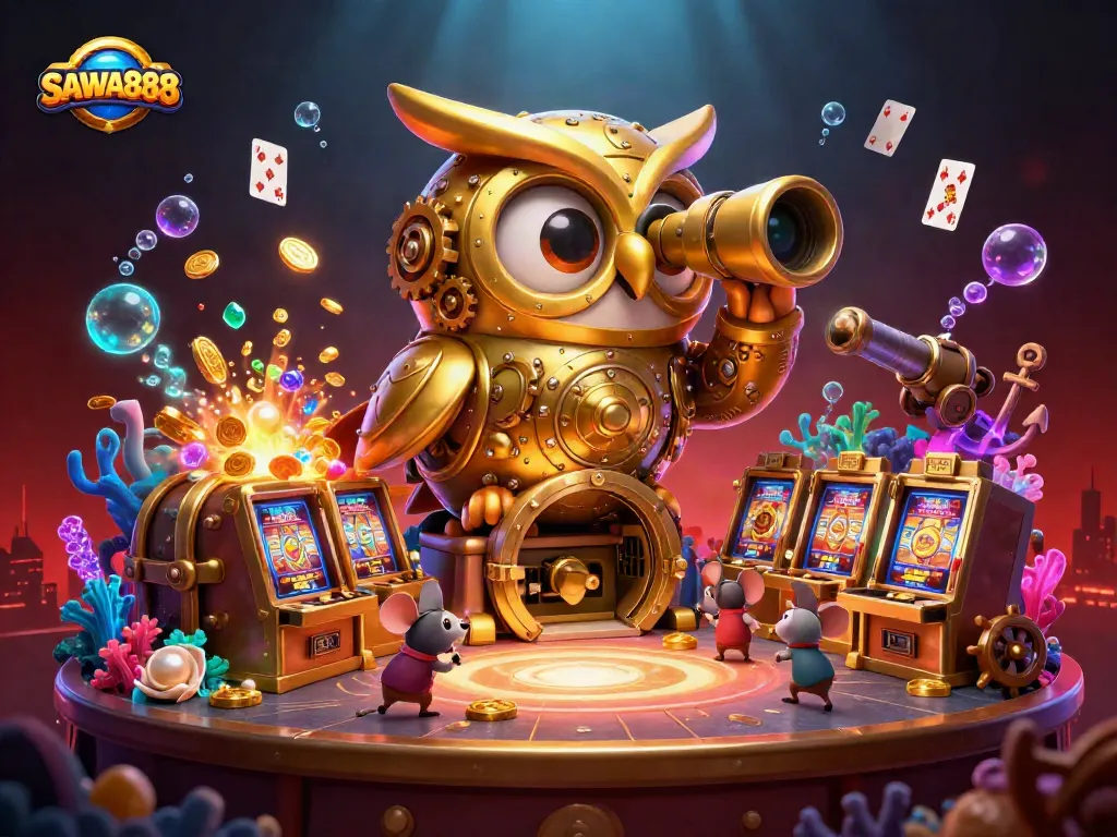Experience SAWA888 with a lively scene featuring a golden owl in a vibrant casino.