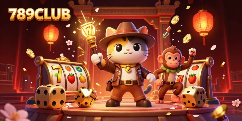 Experience the excitement of 789CLUB with a vibrant 3D scene featuring casino artifacts and engaging characters.