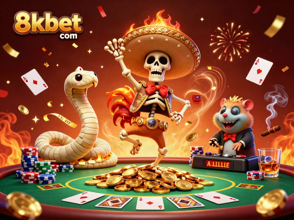 Join the fun at 8xbet com with a vibrant casino scene featuring a victory dance and poker action!