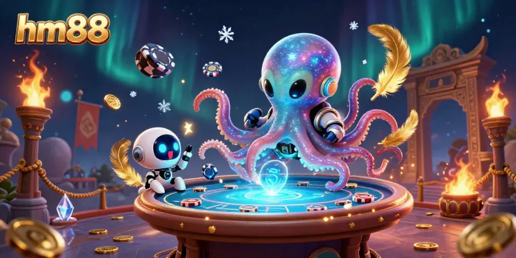 Engage with exciting games at hm88 featuring a cosmic octopus dealer at a poker table amidst dazzling cosmic elements.