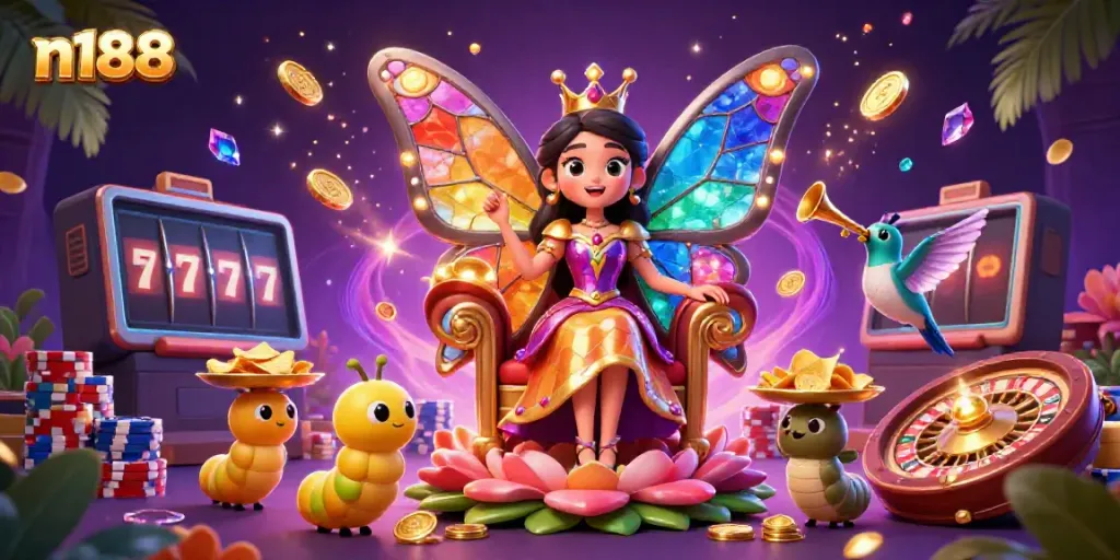 Experience lively gaming at n188 with a colorful butterfly queen, casino elements, and vibrant prizes.
