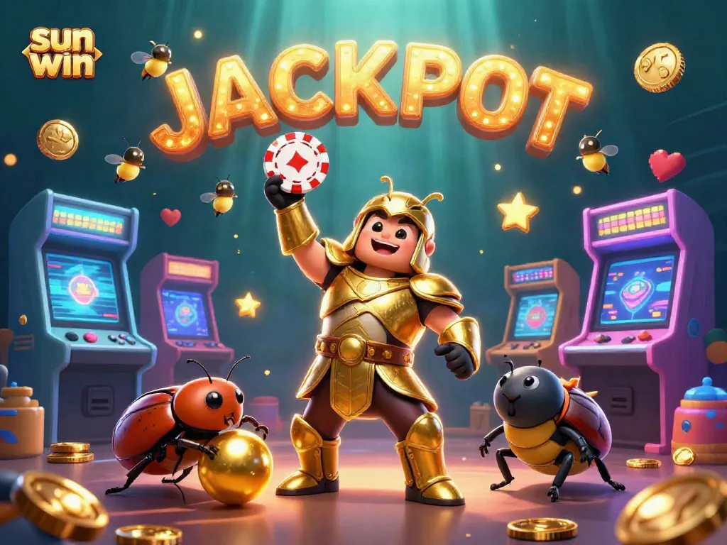 Engage in the sun win adventure with a victorious beetle lifting a poker chip amidst slot elements