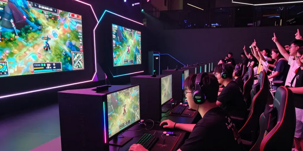 KILAT404 gaming competition showcasing players in a vibrant esports arena with intense gameplay.