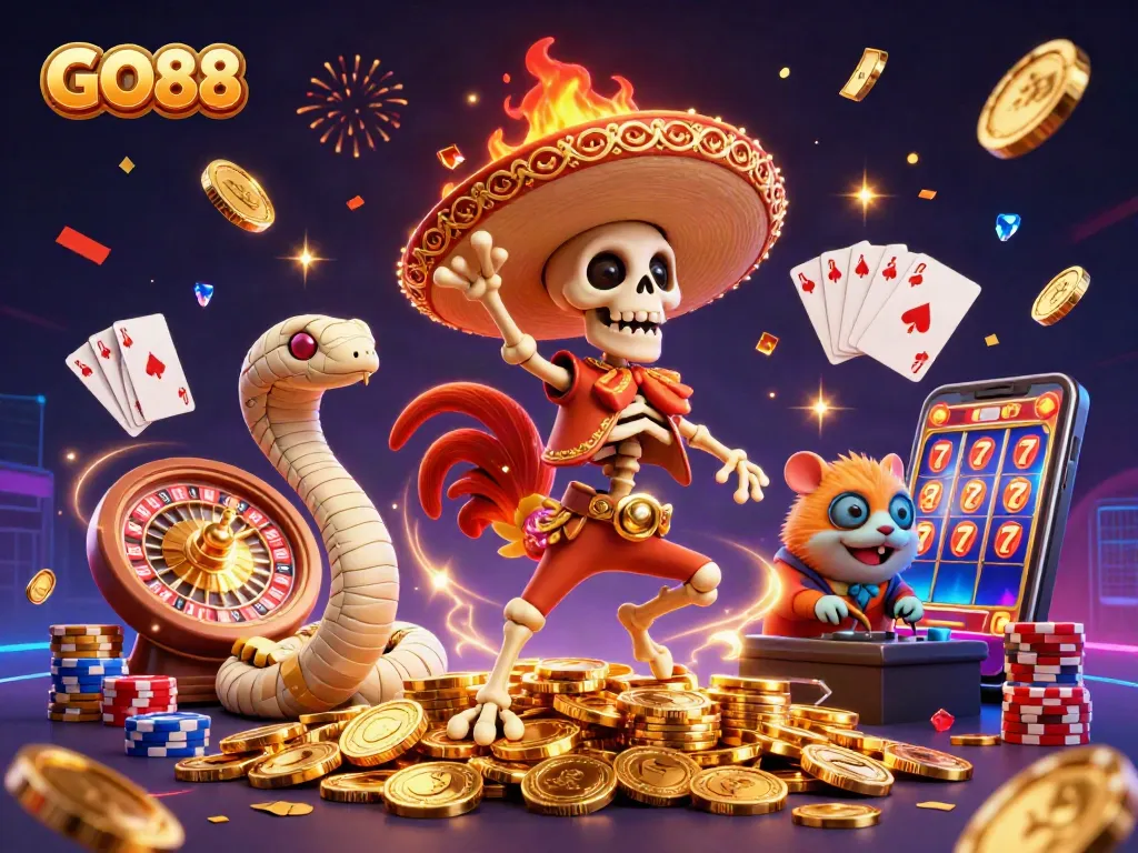 GO88 brings excitement to casino gaming with vibrant 3D characters celebrating on golden coins.