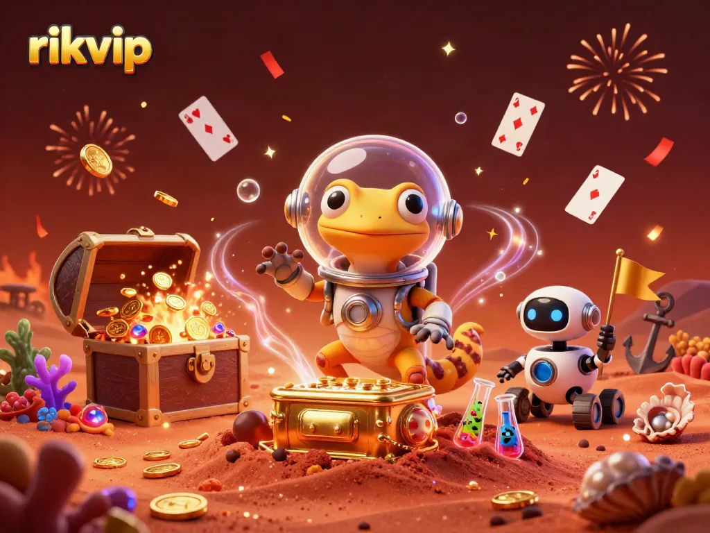 Join the fun at rikvip with a Martian gecko discovering a golden casino in this vibrant 3D illustration.