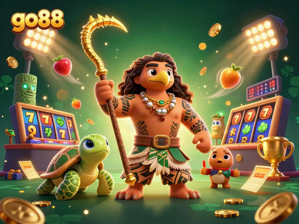 Experience go88 casino games with a vibrant scene featuring a demigod, a turtle, and slot elements.