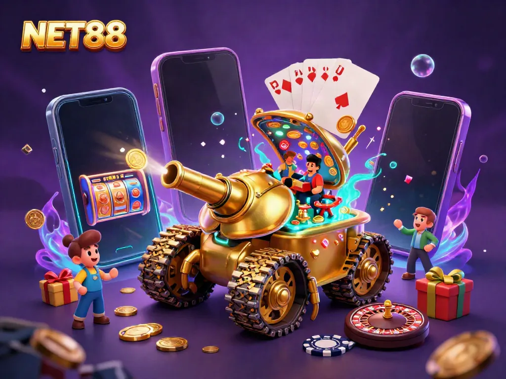 Experience the excitement of NET88 with a 3D digital casino scene featuring a golden beetle tank, colorful gaming elements, and vibrant atmosphere.