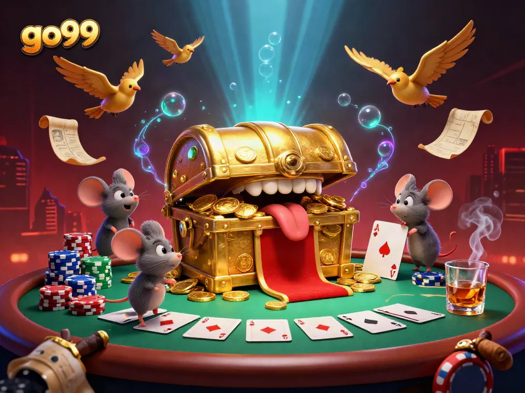 Players engage with go99’s thrilling poker scene featuring a golden treasure chest and vibrant game elements.