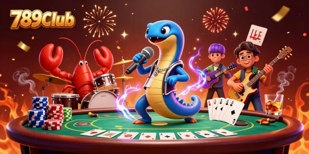 Experience the thrilling 789Club with a vibrant underwater concert featuring 3D characters and poker elements.